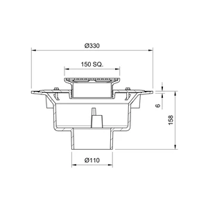 Frost Floor drain 150mm square stainless steel grating with large sump body and spigot outlet size 100mm