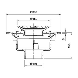 Frost Floor drain 150mm circular nickel bronze grating with large sump body and spigot outlet size 100mm