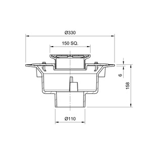 Frost Floor drain 150mm square stainless steel grating 3mm slots with large sump body and spigot outlet size 100mm