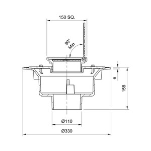 Frost Floor drain 150mm square stainless steel grating with hinged cover plate with large sump body and spigot outlet size 100mm