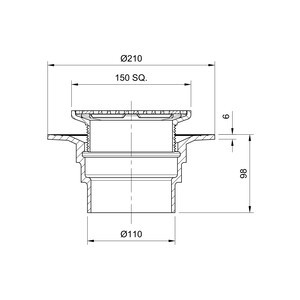 Frost Floor drain 150mm square stainless steel grating with small sump body and spigot outlet size 100mm