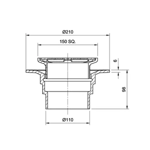 Frost Floor drain 150mm square stainless steel grating 3mm slots with small sump body and spigot outlet size 100mm