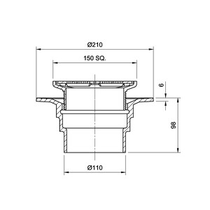 Frost Floor drain 150mm square stainless steel grating 3mm slots with small sump body and spigot outlet size 100mm