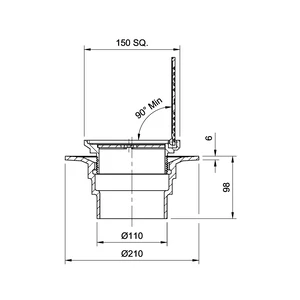 Frost Floor drain 150mm square nickel bronze grating with hinged cover plate with small sump body and spigot outlet size 100mm
