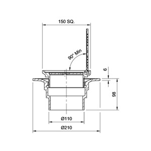 Frost Floor drain 150mm square nickel bronze grating with hinged cover plate with small sump body and spigot outlet size 100mm
