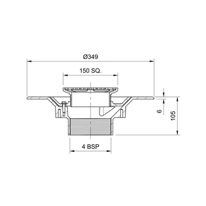 Frost Floor drain 150mm square nickel bronze grating with medium sump body and threaded outlet size 4" BSP