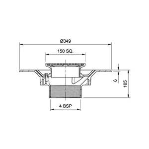 Frost Floor drain 150mm square stainless steel grating with medium sump body and threaded outlet size 4" BSP