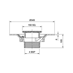 Frost Floor drain 150mm square stainless steel grating with medium sump body and threaded outlet size 4" BSP