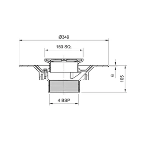 Frost Floor drain 150mm square stainless steel grating 3mm slots with medium sump body and threaded outlet size 4" BSP
