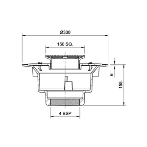 Frost Floor drain 150mm square nickel bronze grating with large sump body and threaded outlet size 4" BSP