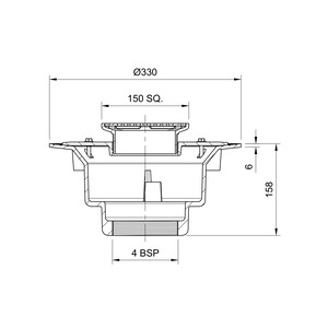 Frost Floor drain 150mm square stainless steel grating with large sump body and threaded outlet size 4" BSP