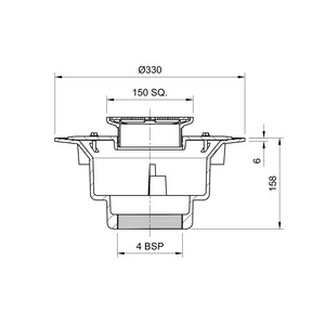 Frost Floor drain 150mm square stainless steel grating 3mm slots with large sump body and threaded outlet size 4" BSP