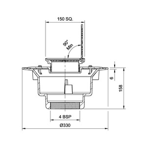 Frost Floor drain 150mm square nickel bronze grating with hinged cover plate with large sump body and threaded outlet size 4" BSP