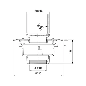 Frost Floor drain 150mm square stainless steel grating with hinged cover plate with large sump body and threaded outlet size 4" BSP