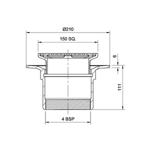Frost Floor drain 150mm square nickel bronze grating with small sump body and threaded outlet size 4" BSP