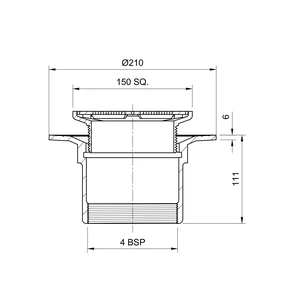 Frost Floor drain 150mm square stainless steel grating 3mm slots with small sump body and threaded outlet size 4" BSP