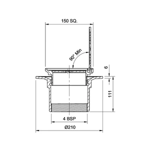 Frost Floor drain 150mm square nickel bronze grating with hinged cover plate with small sump body and threaded outlet size 4" BSP