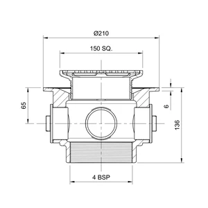 Frost Floor drain 150mm square nickel bronze grating and medium sump body with side inlets and threaded outlet size 4" BSP