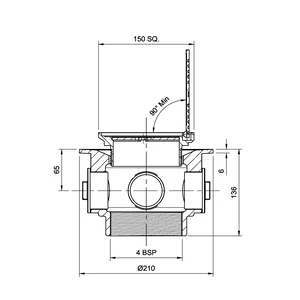 Frost Floor drain 150mm square nickel bronze with hinged cover plate and medium sump body with side inlets and threaded outlet size 4" BSP