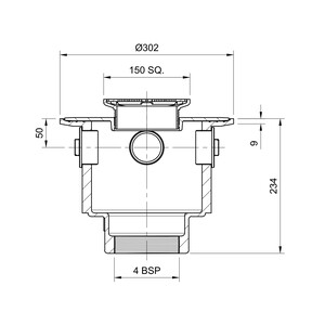 Frost Floor drain 150mm square stainless steel grating 3mm slots with large deep sump body and threaded outlet size 4" BSP