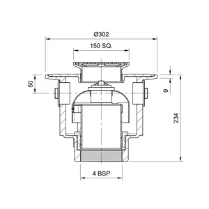 Frost Floor drain 150mm square stainless steel grating with large trapped sump body and threaded outlet size 4" BSP