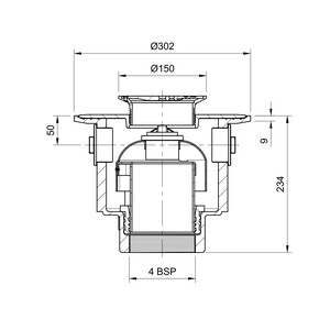Frost Floor drain 150mm circular stainless steel grating with large trapped sump body and threaded outlet size 4" BSP