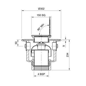 Frost Floor drain 150mm square stainless steel grating with hinged cover plate with large trapped sump body and threaded outlet size 4" BSP