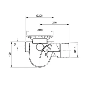 Frost Floor drain 200mm circular ductile iron grating with medium sump -'P' trap - spigot outlet size 100mm