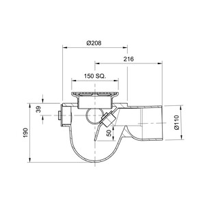 Frost Floor drain 150mm square stainless steel grating with medium sump -'P' trap - spigot outlet size 100mm