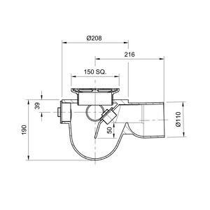 Frost Floor drain 150mm square stainless steel grating 3mm slots with medium sump -'P' trap - spigot outlet size 100mm
