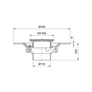 Frost Floor drain 150mm square nickel bronze grating with medium sump body - spigot outlet size 100mm