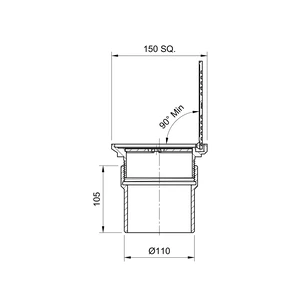 Frost floor drain 150mm square nickel bronze grating with hinged cover plate with direct connection spigot outlet, 100mm