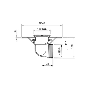 Frost Floor drain 150mm square nickel bronze grating with medium sump body and horizontal threaded outlet size 4" BSP
