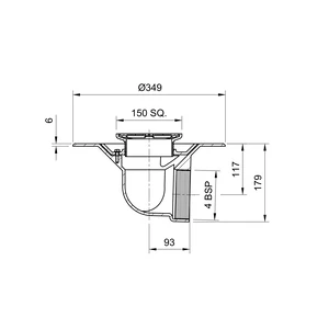 Frost Floor drain 150mm square stainless steel grating 3mm slots with medium sump body and horizontal threaded outlet size 4" BSP