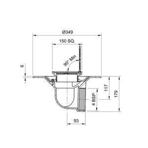 Frost Floor drain 150mm square nickel bronze grating with hinged cover plate with medium sump body and horizontal threaded outlet size 4" BSP