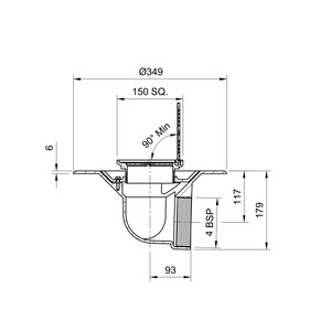 Frost Floor drain 150mm square nickel bronze grating with hinged cover plate with medium sump body and horizontal threaded outlet size 4" BSP