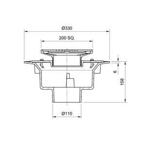 Frost Floor drain 200mm square stainless steel grating with large sump body and spigot outlet size 100mm
