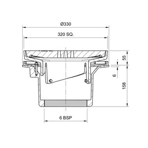 Frost Floor drain assembly heavy duty with clamp, 320mm grating square, large sump body cast iron vertical outlet BSP6
