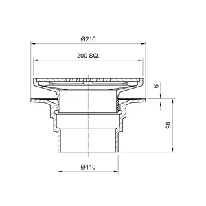 Frost Floor drain 200mm square stainless steel grating with small sump body and spigot outlet size 100mm
