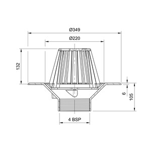 Frost Aluminium Cold Roof drain assembly - fixed dome 220mm circular, medium sump body with clamp, vertical threaded outlet 4" BSP