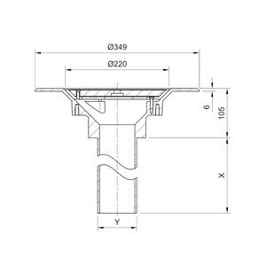 Frost Aluminium Cold Roof drain assembly - aluminium grating, fixed 240mm circular, medium sump body with clamp, vertical 200mm spigot outlet 100mm dia
