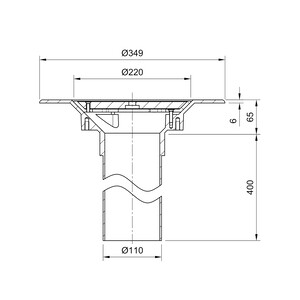 Frost Aluminium Cold Roof drain assembly - aluminium grating, fixed 240mm circular, medium sump body with clamp, vertical 400mm spigot outlet 110mm dia