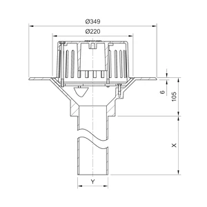 Frost Aluminium Cold Roof drain assembly - fixed anti-vortex dome 220mm circular, medium sump body with clamp, vertical 200mm spigot outlet 100mm dia