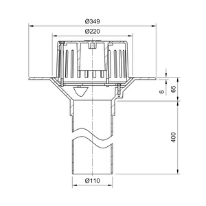 Frost Aluminium Cold Roof drain assembly - fixed dome 220mm circular, medium sump body with clamp, vertical 400mm spigot outlet 110mm dia