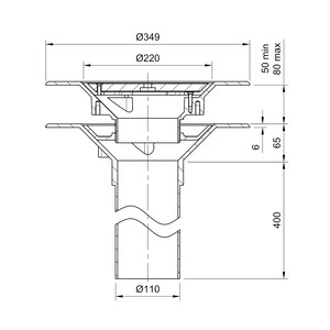 Frost Aluminium Warm Roof drain assembly - aluminium grating, fixed 240mm circular, medium sump body with clamp, vertical 400mm spigot outlet 110mm dia