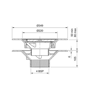 Frost Aluminium Warm Roof drain assembly - aluminium grating, fixed 240mm circular, medium sump body with clamp, vertical threaded outlet 4" BSP