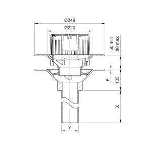 Frost Aluminium Warm Roof drain assembly - fixed anti-vortex dome 220mm circular, medium sump body with clamp, vertical 200mm spigot outlet 100mm dia