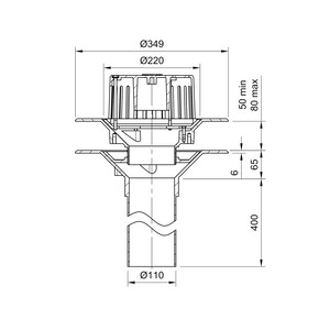 Frost Aluminium Warm Roof drain assembly - fixed dome 220mm circular, medium sump body with clamp, vertical 400mm spigot outlet 110mm dia