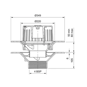 Frost Aluminium Warm Roof drain assembly - fixed anti-vortex dome 220mm circular, medium sump body with clamp, vertical threaded outlet 4" BSP
