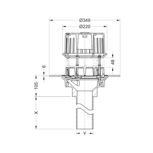 Frost Aluminium Inverted Roof drain assembly - fixed anti-vortex dome 220mm, medium sump body with clamp, vertical 200mm spigot outlet 100mm dia